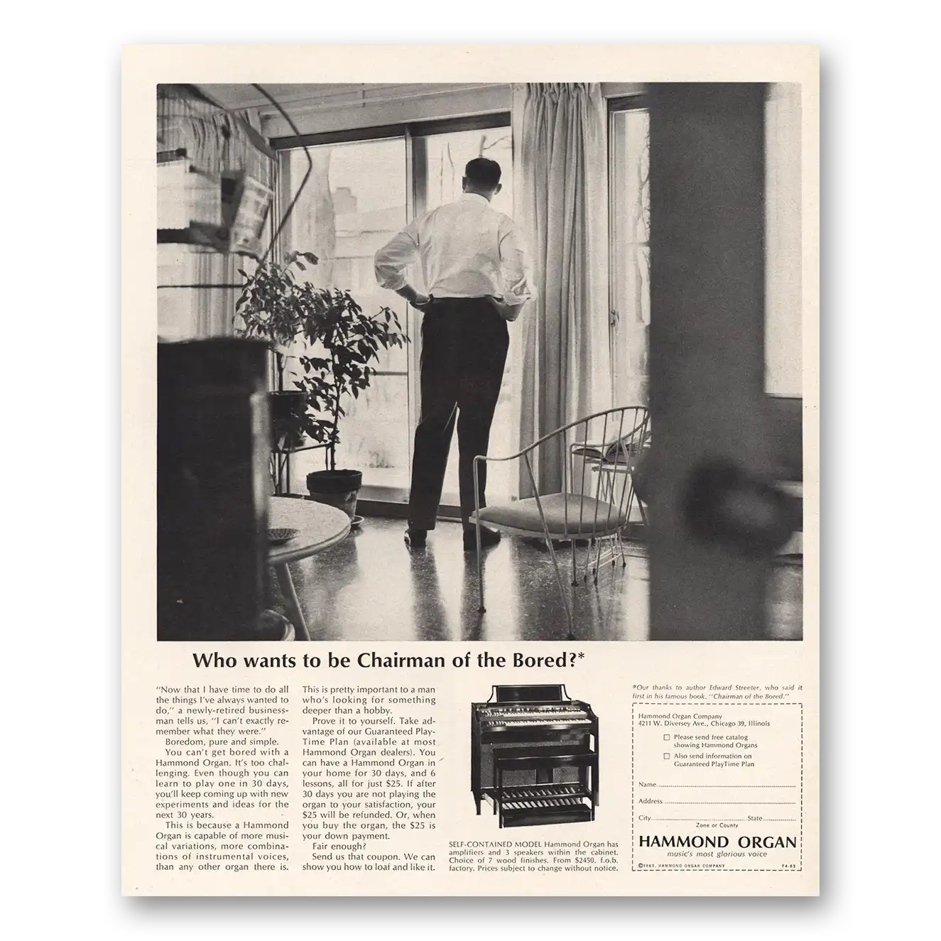 1963 Hammond Organ Chairman of the Bored Vintage Magazine Print Ad