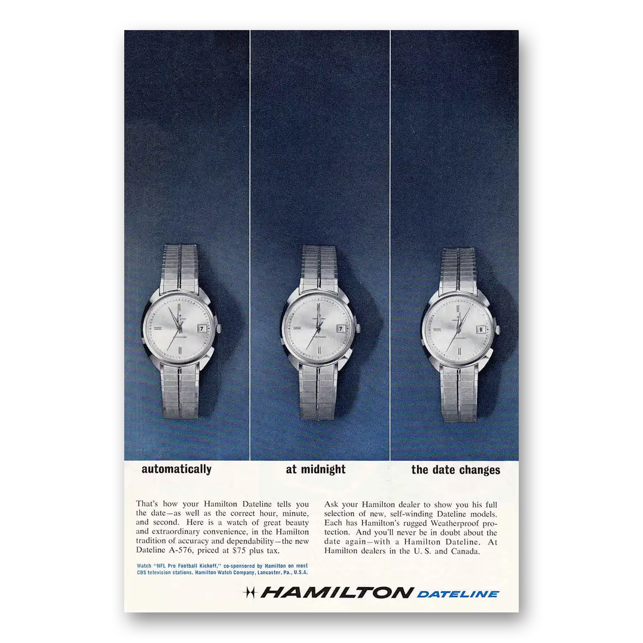 1963 Hamilton Watch Automatically at Midnight the Date Changes Vintage Magazine Print Ad