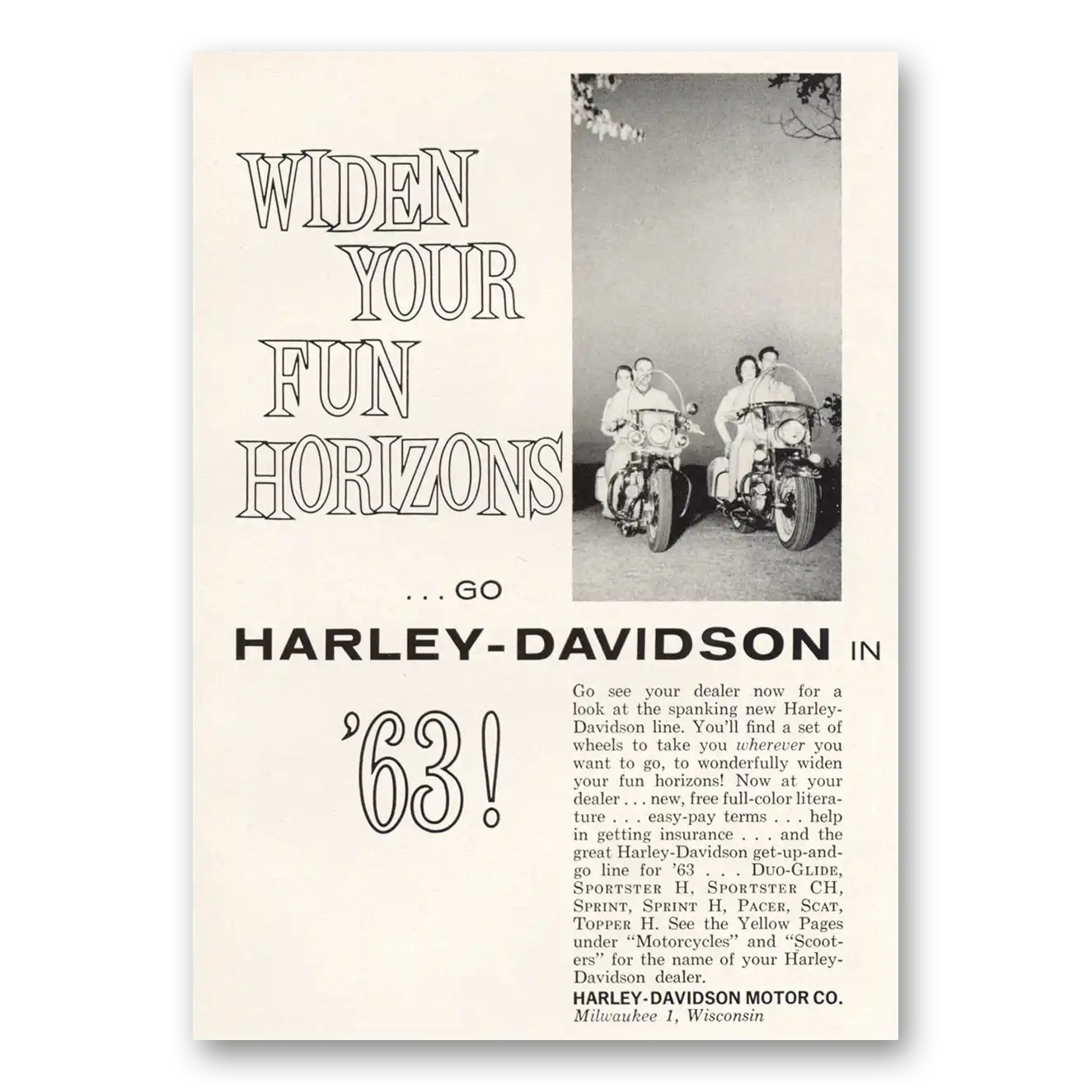 1962 Harley Davidson Widen Your Fun Horizons Vintage Magazine Print Ad