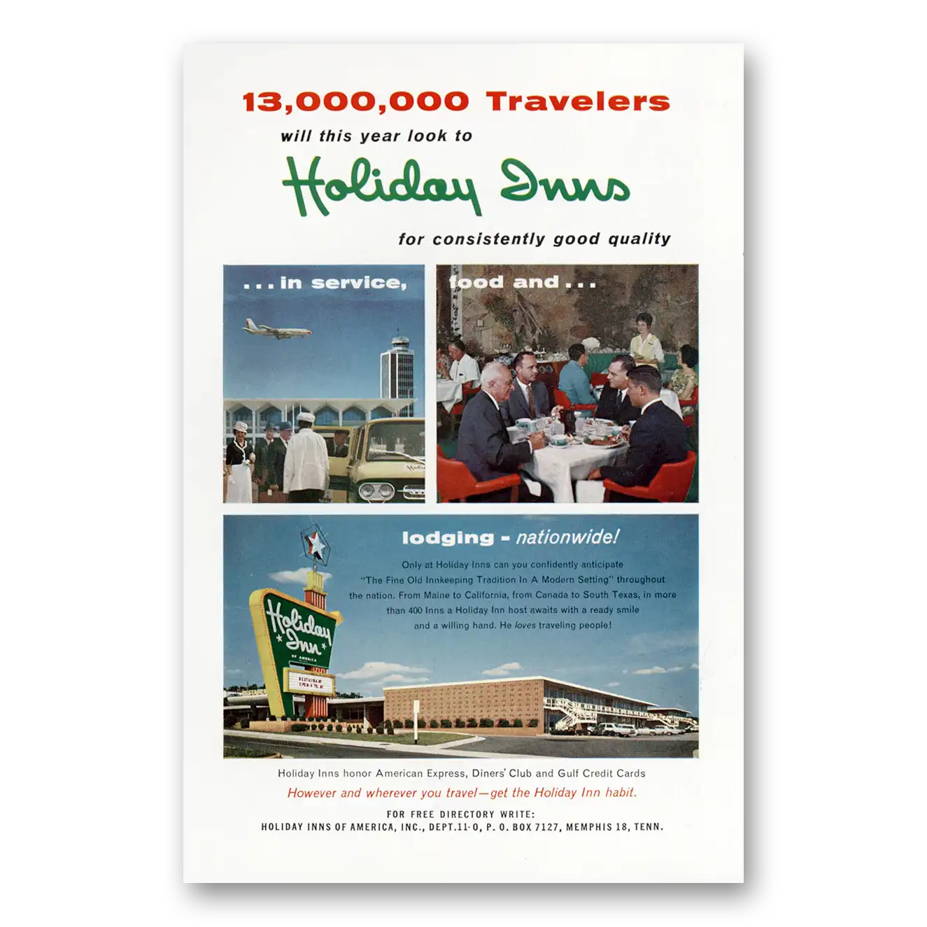 1963 Holiday Inn Travelers Service Food Lodging Vintage Magazine Print Ad