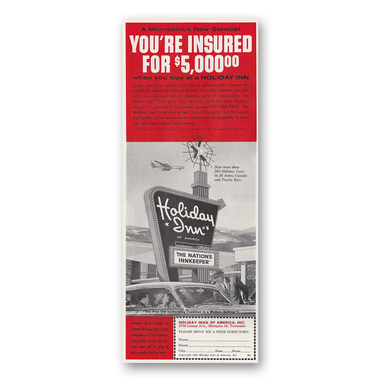 1963 Holiday Inn Insured for 5000 Vintage Magazine Print Ad