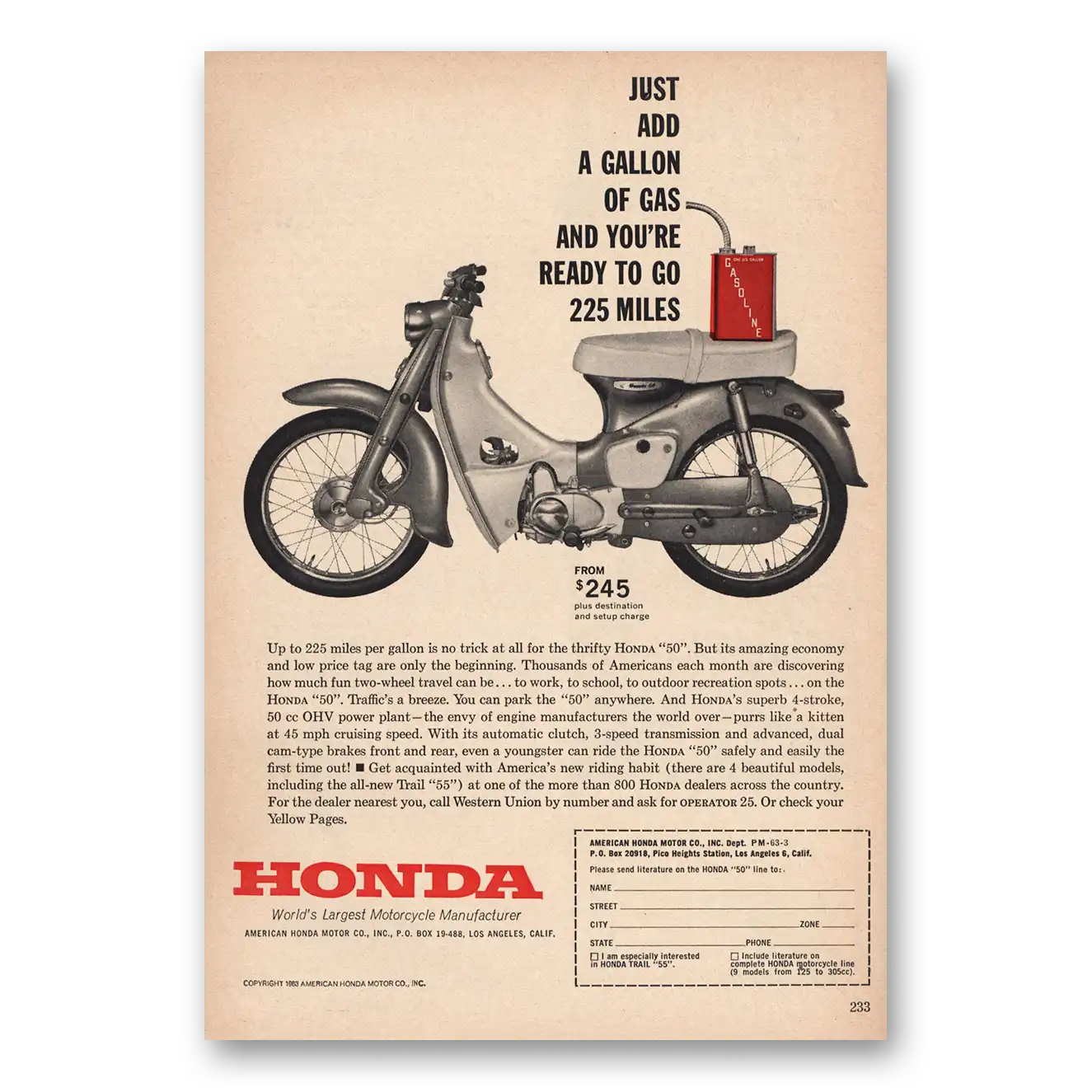 1963 Honda Motorcycle Just Add Gallon of Gas Vintage Magazine Print Ad