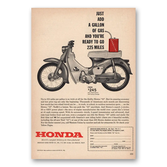 1963 Honda Motorcycle Just Add Gallon of Gas Vintage Magazine Print Ad