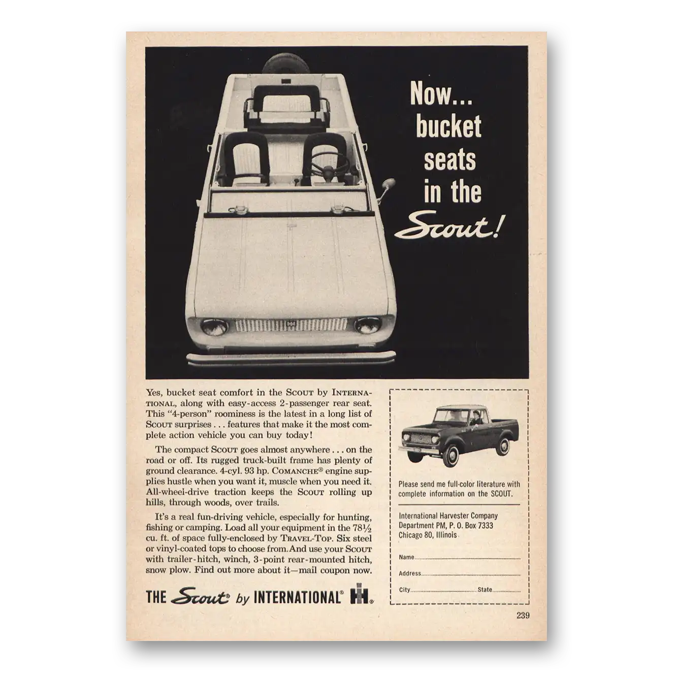 1963 International Harvester Scout Bucket Seats Vintage Magazine Print Ad