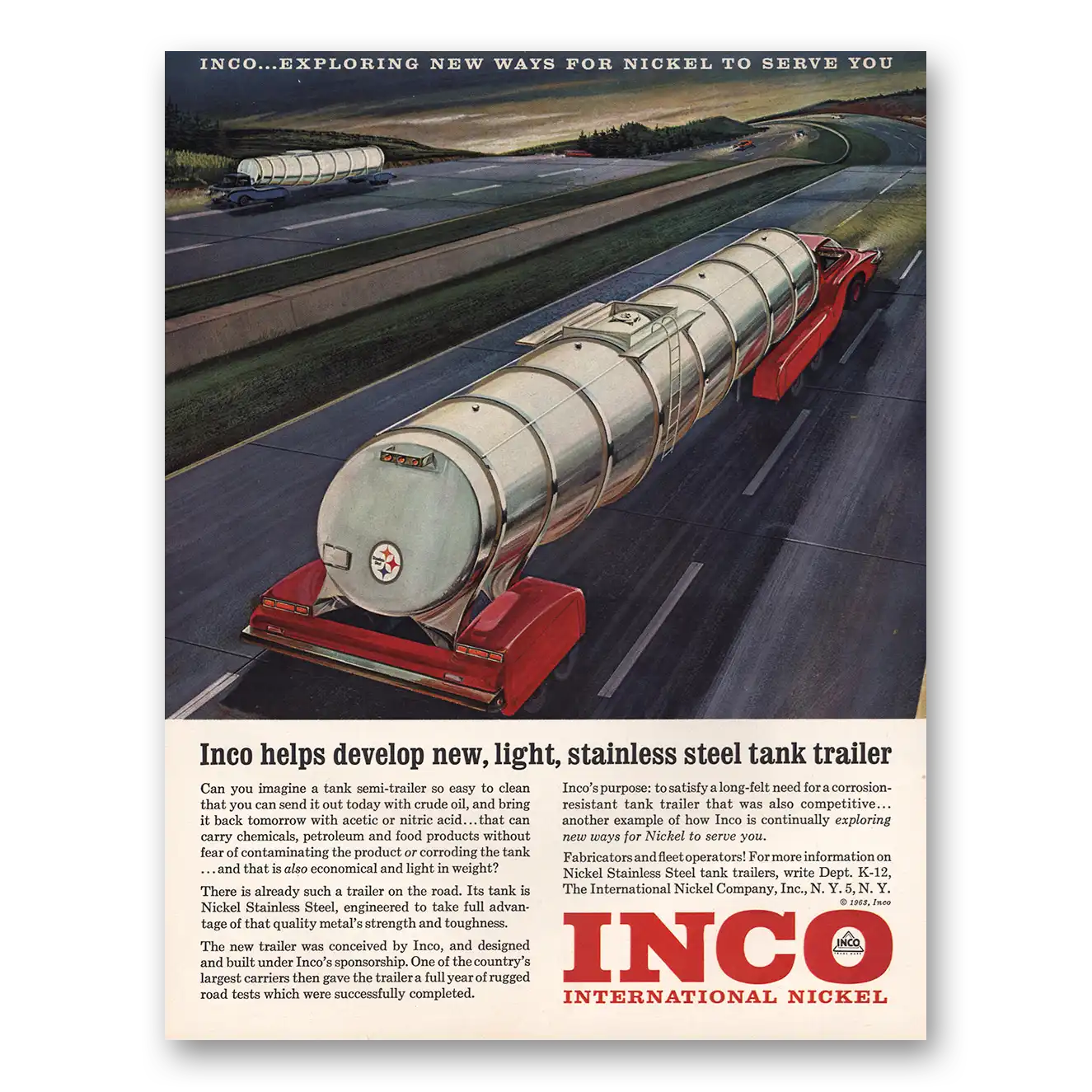 1963 International Nickel INCO Stainless Steel Tank Trailer Vintage Magazine Print Ad