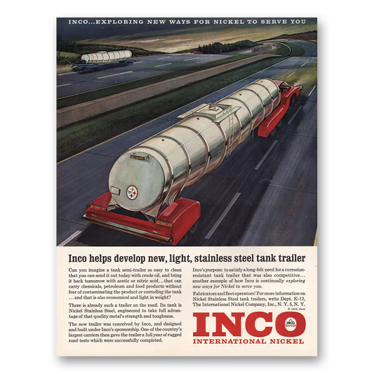 1963 International Nickel INCO Stainless Steel Tank Trailer Vintage Magazine Print Ad