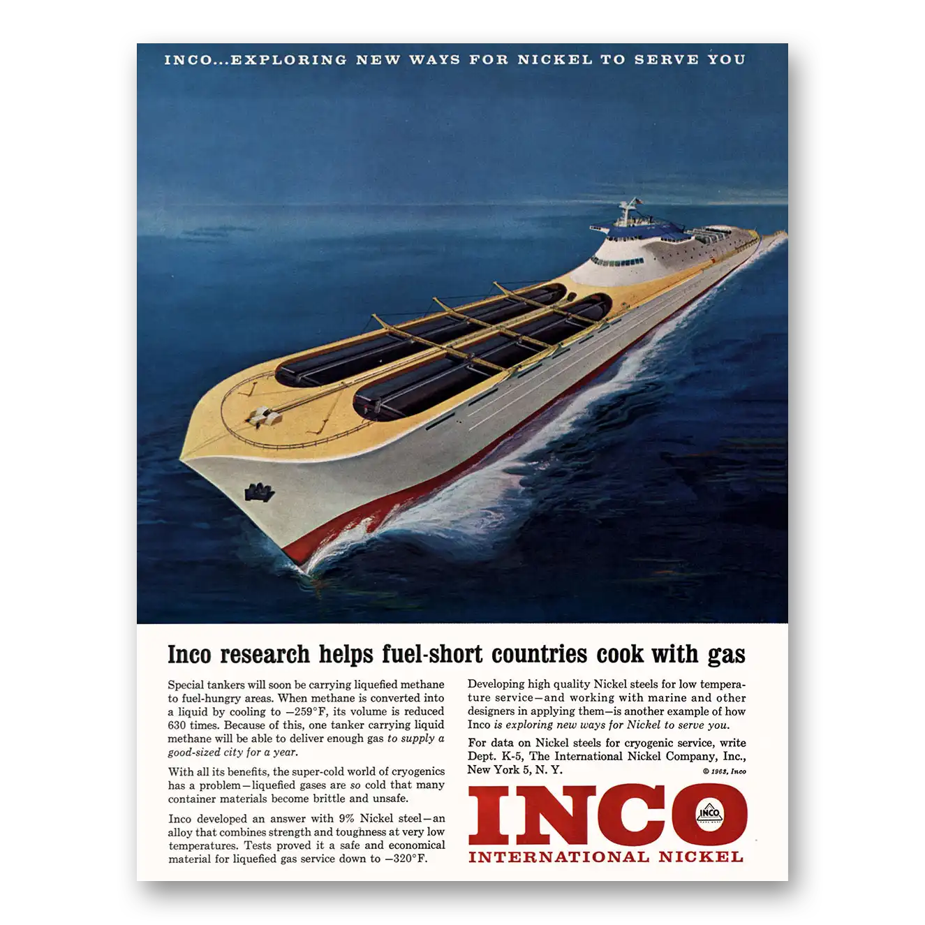 1963 International Nickel INCO Special Tankers Carrying Liquified Methane Vintage Magazine Print Ad