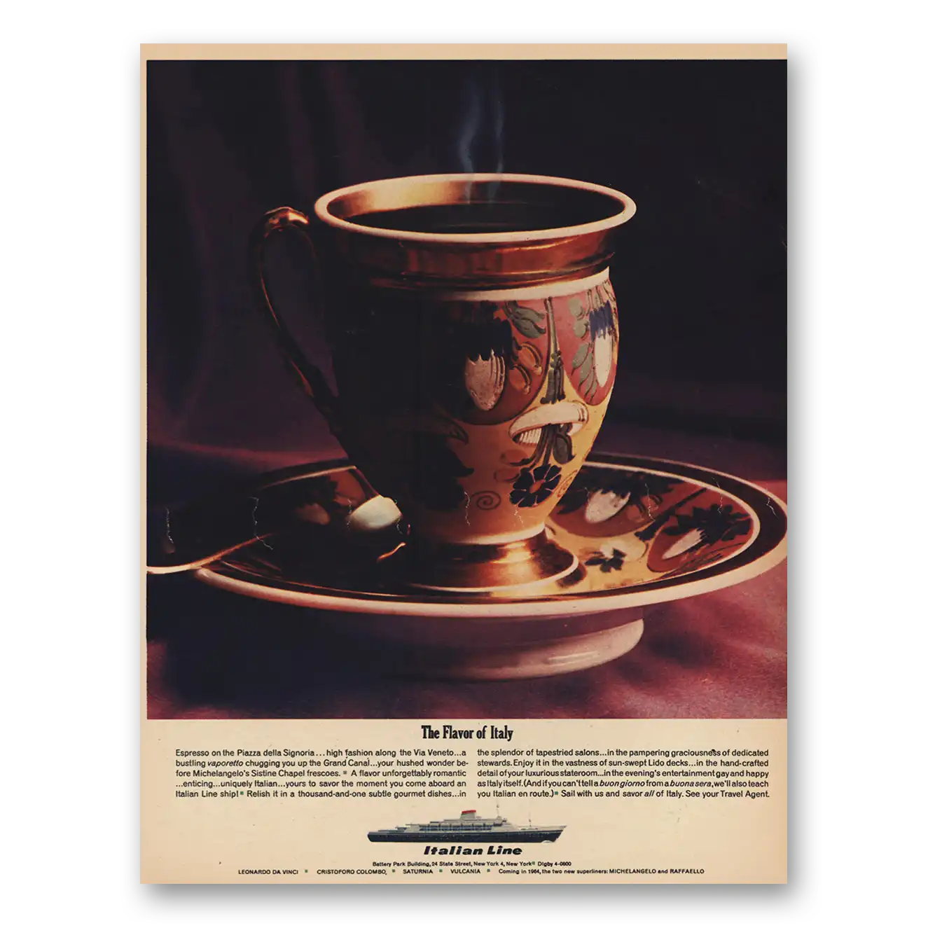 1963 Italian Line Flavor of Italy Espresso On Piazza Vintage Magazine Print Ad