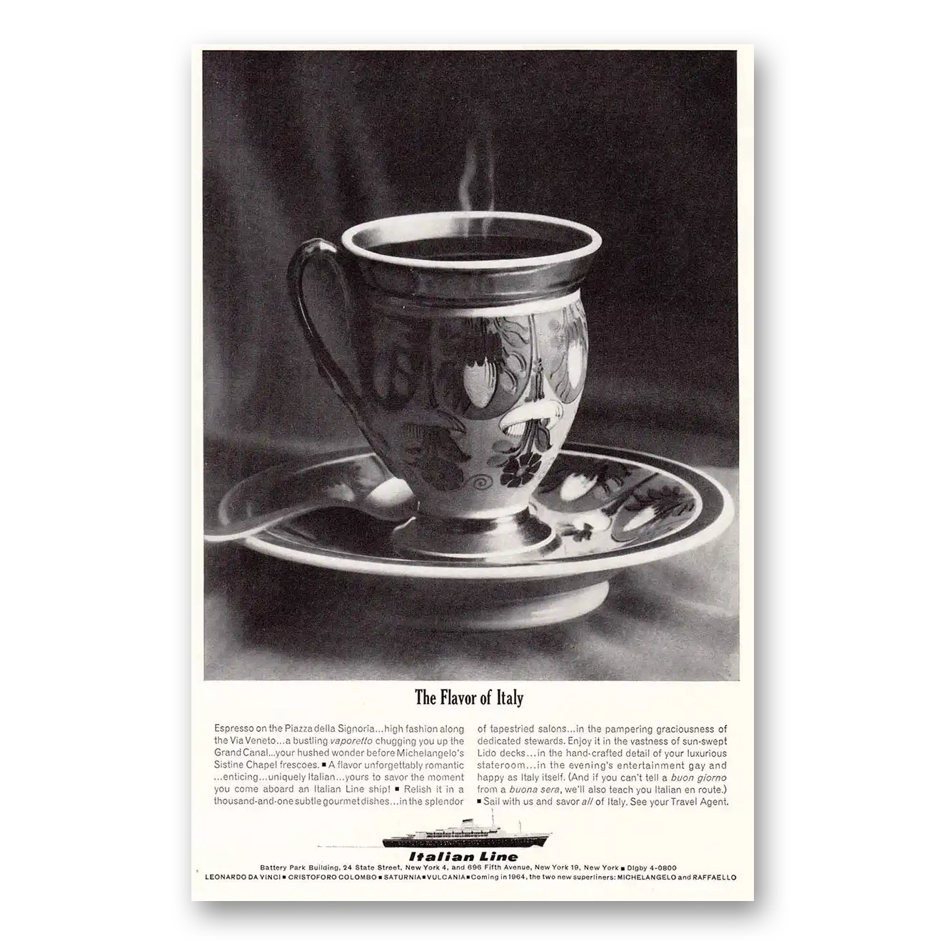 1963 Italian Line Flavor of Italy Cup and Saucer Vintage Magazine Print Ad