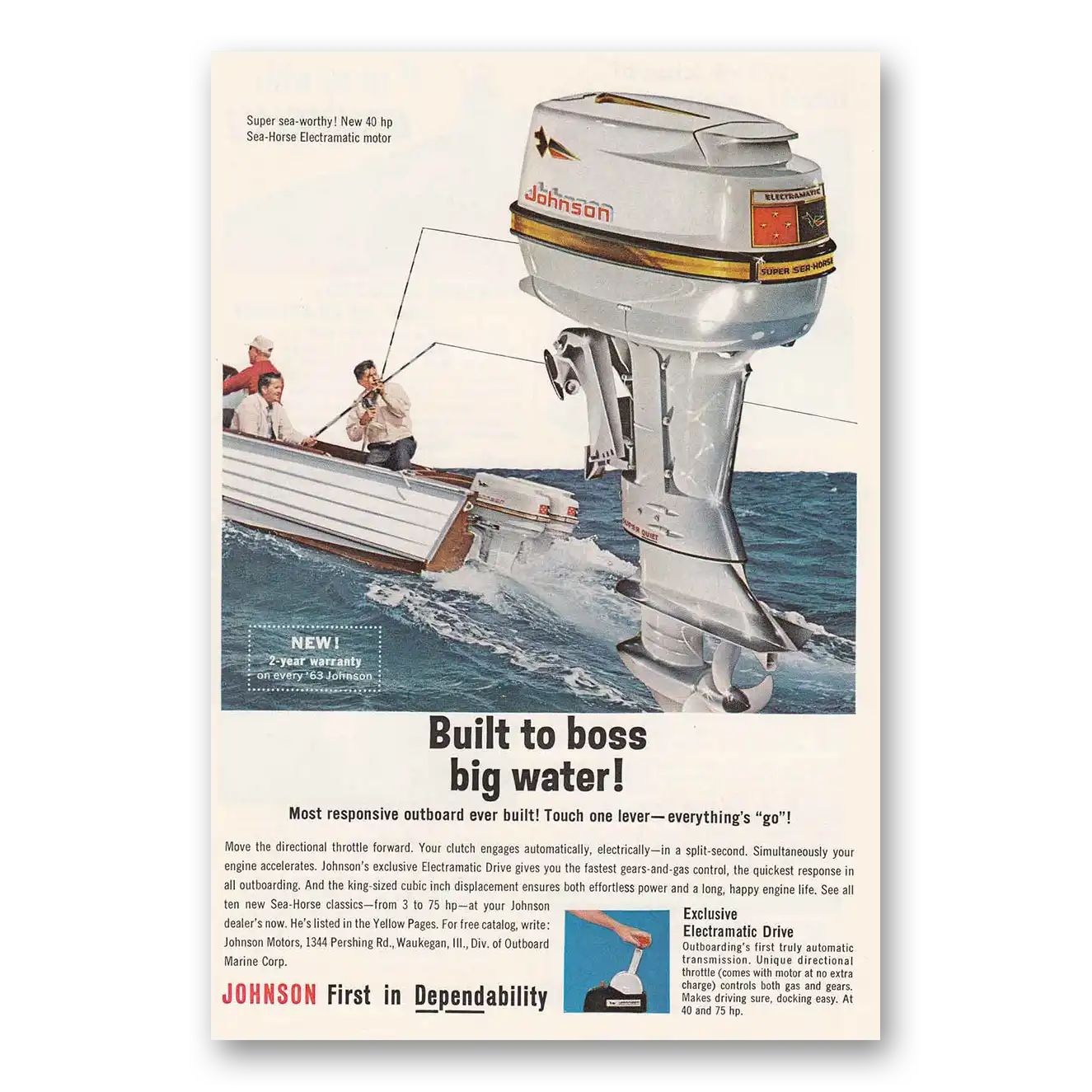 1963 Johnson Sea Horse Motors Fishing Built to Boss Big Water Vintage Magazine Print Ad