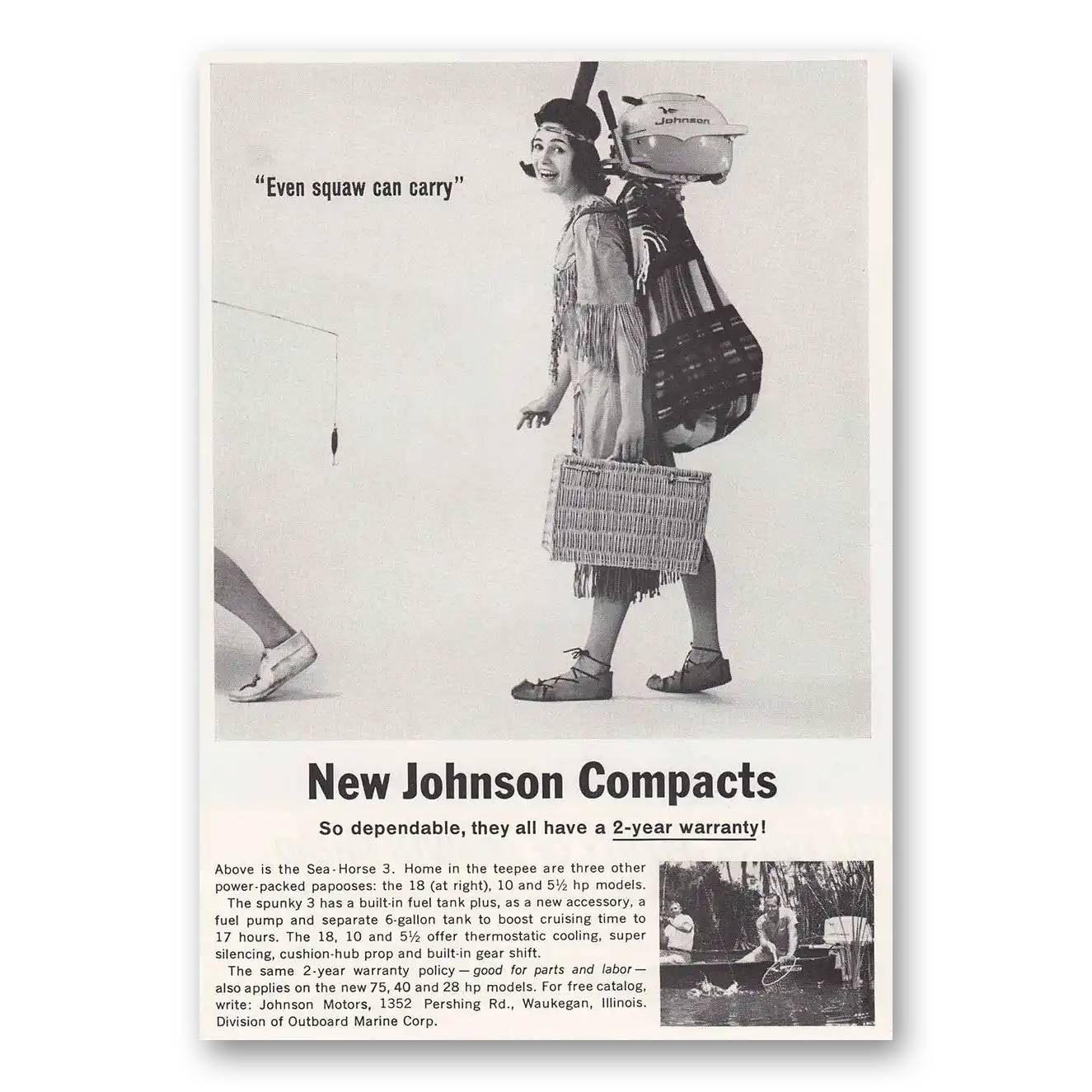 1963 Johnson Sea Horse Motors Even Squaw Can Carry Vintage Magazine Print Ad