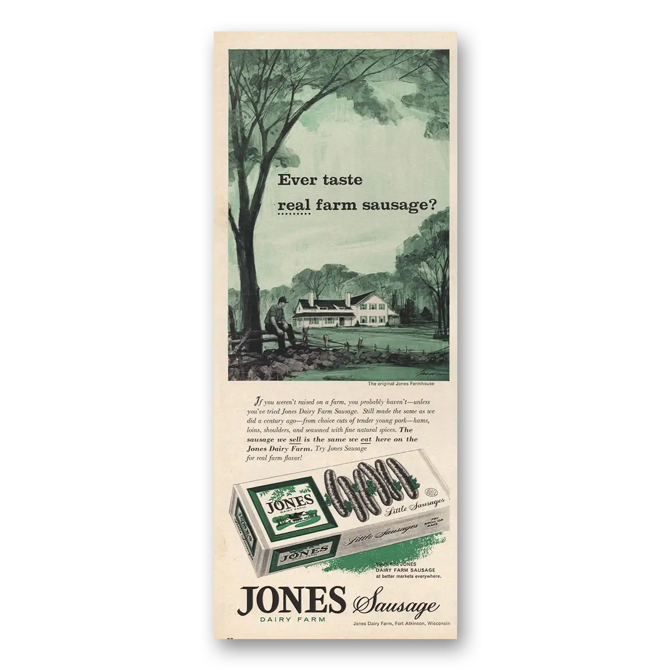 1963 Jones Dairy Farm Sausage Ever Taste Real Farm Sausage Vintage Magazine Print Ad