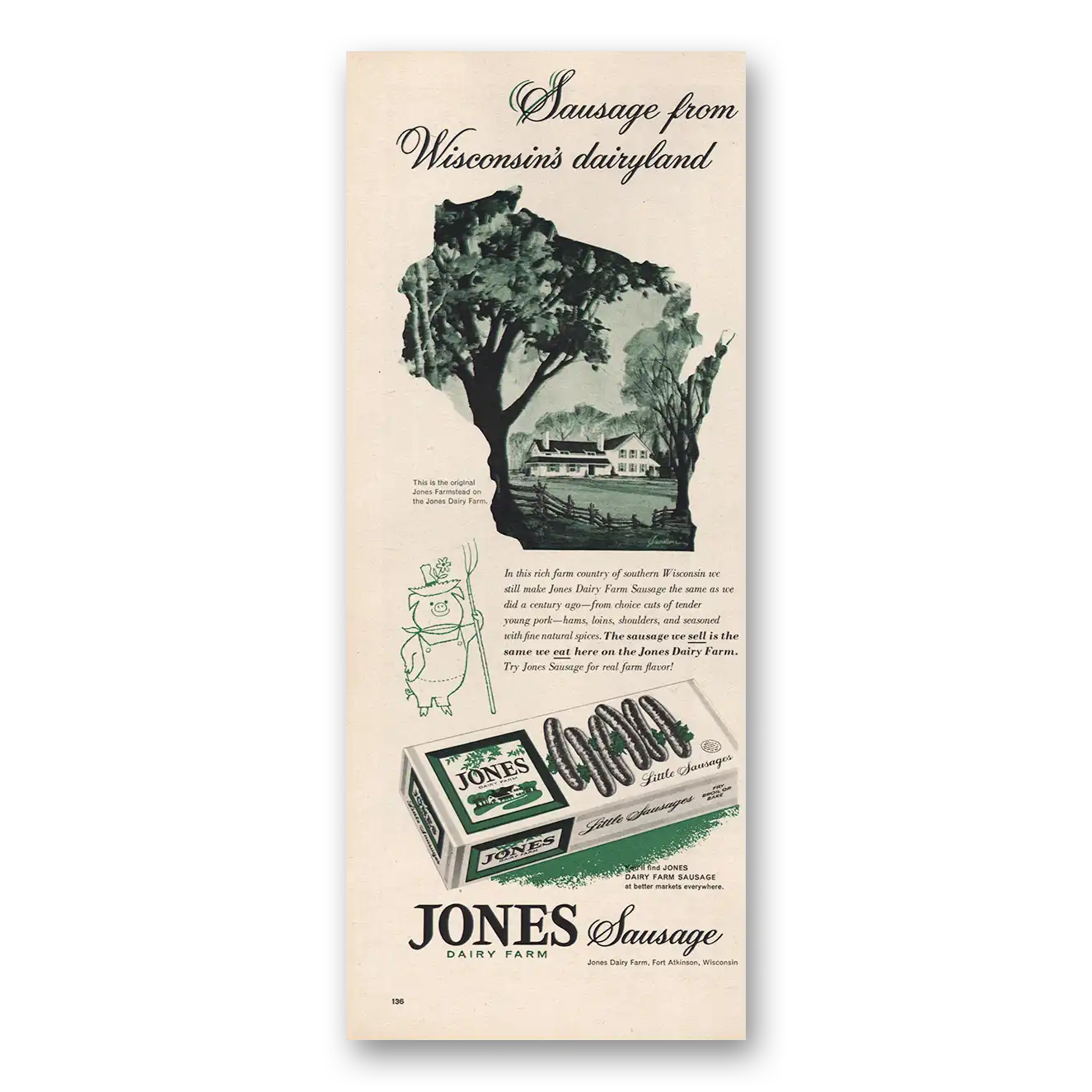 1963 Jones Dairy Farm Sausage Wisconsins Dairyland Vintage Magazine Print Ad