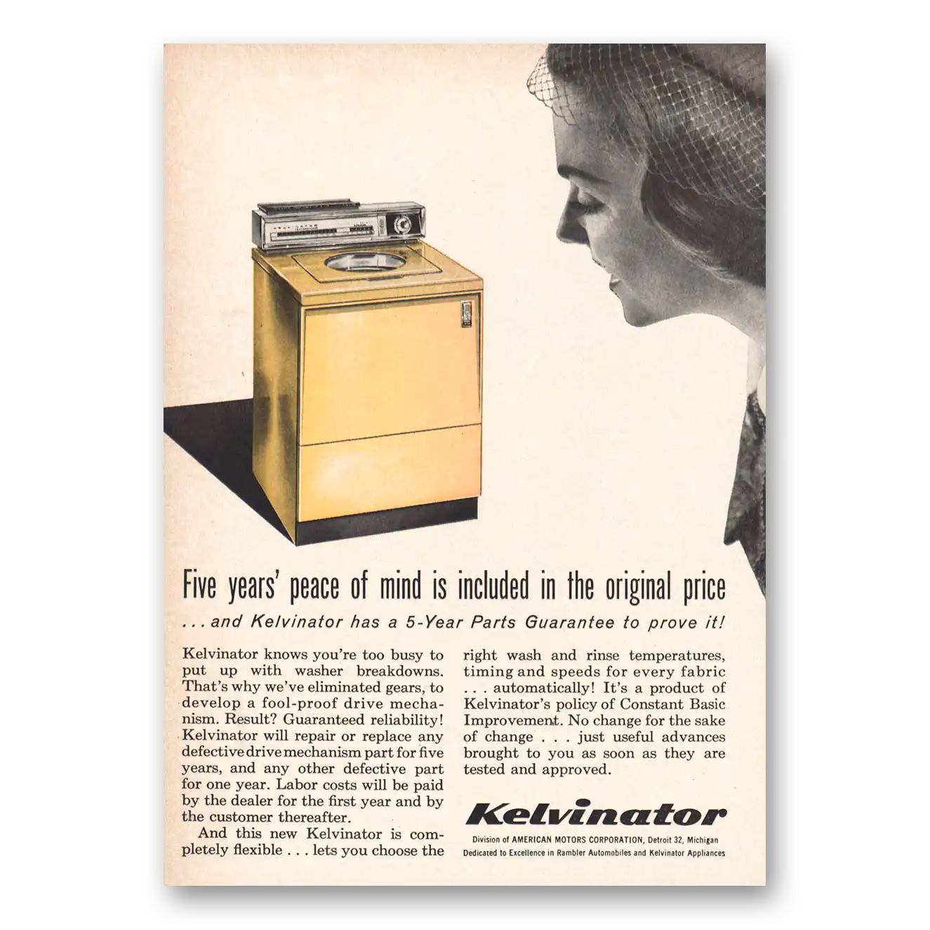 1963 Kelvinator Washer Five Years Piece of Mind Vintage Magazine Print Ad