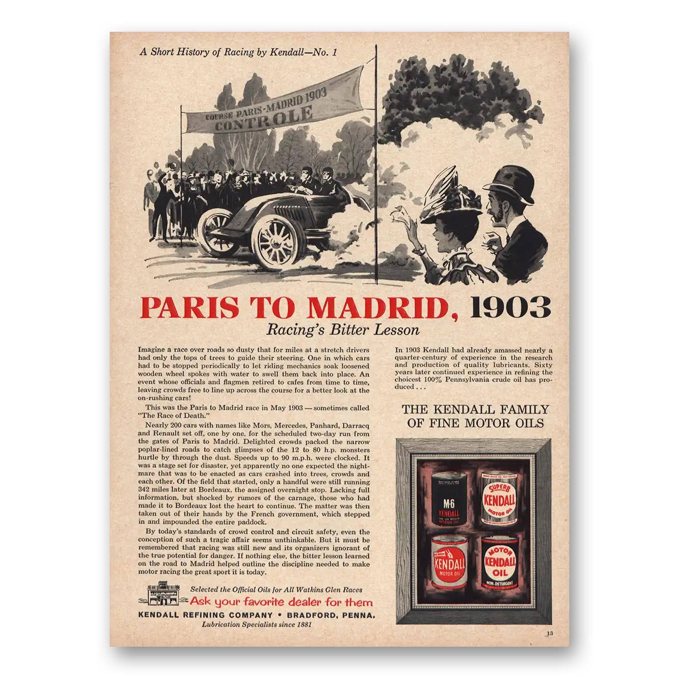 1963 Kendall Motor Oils Paris to Madrid 1903 Vintage Magazine Print Ad