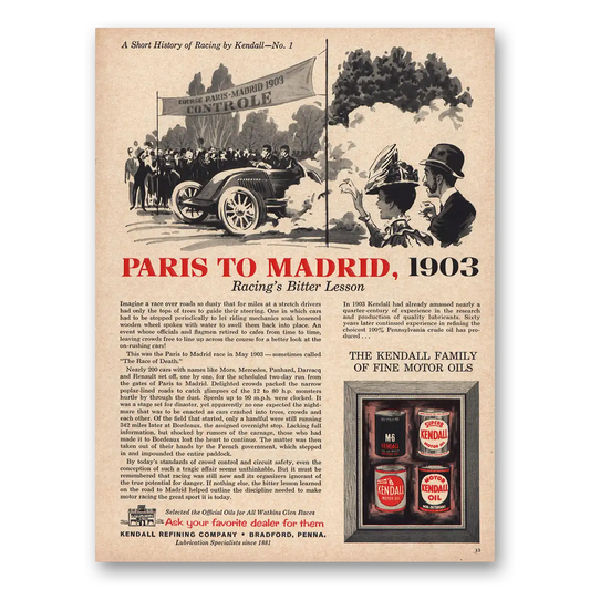 1963 Kendall Motor Oils Paris to Madrid 1903 Vintage Magazine Print Ad