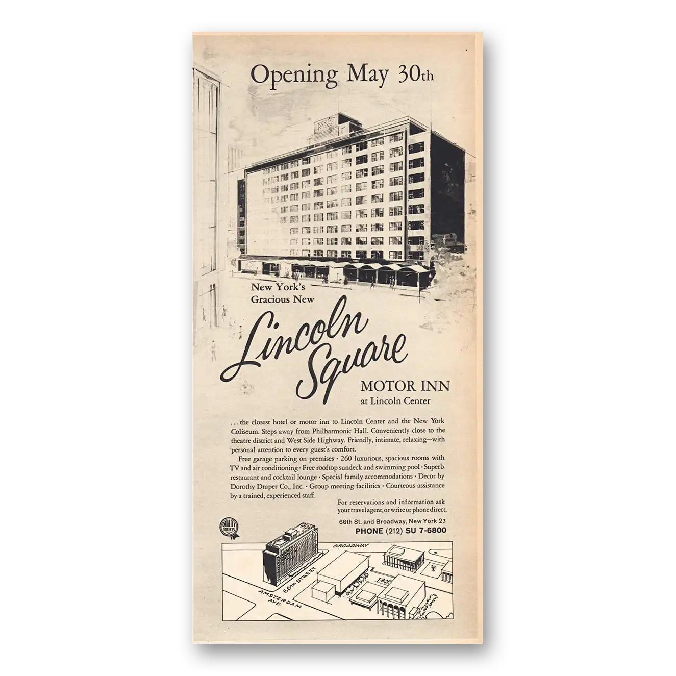 1963 Lincoln Square Motor Inn Opening May 30 Lincoln Center Vintage Magazine Print Ad