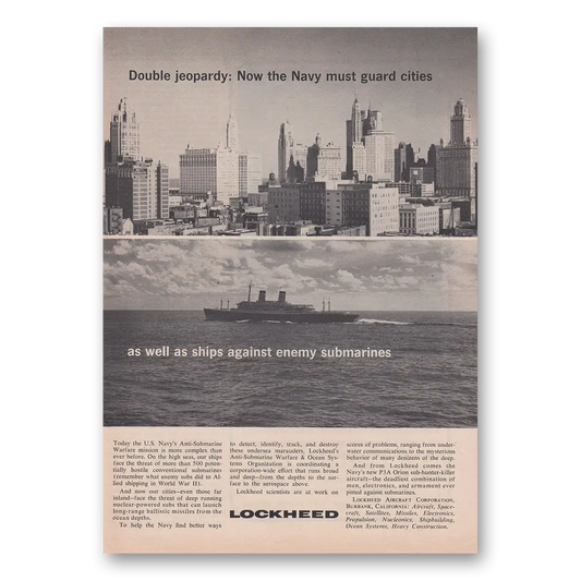 1963 Lockheed Double Jeopardy Now the Navy Must Guard Cities Vintage Magazine Print Ad