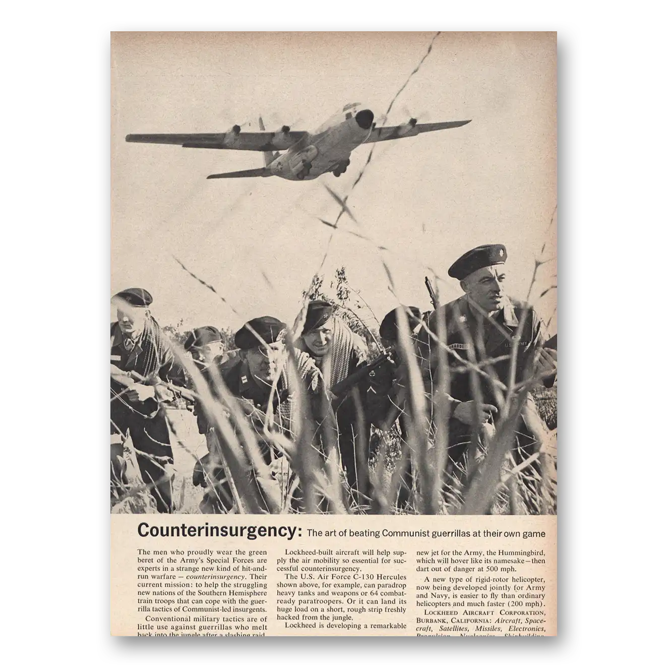 1963 Lockheed Hercules Counterinsurgency Art of Beating Communist Guerillas Vintage Magazine Print Ad