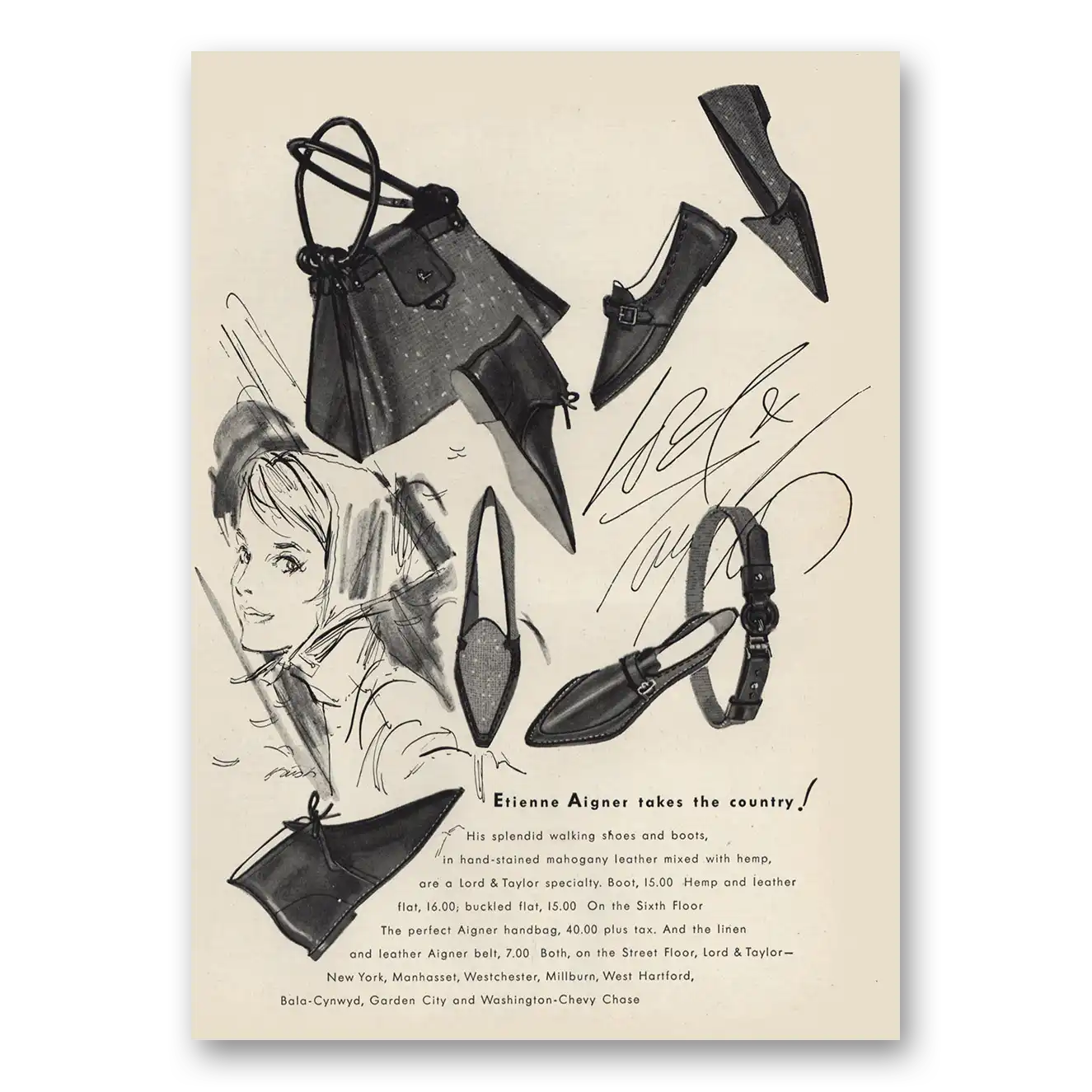 1963 Lord & Taylor Etienne Aigner Takes the Country Vintage Magazine Print Ad