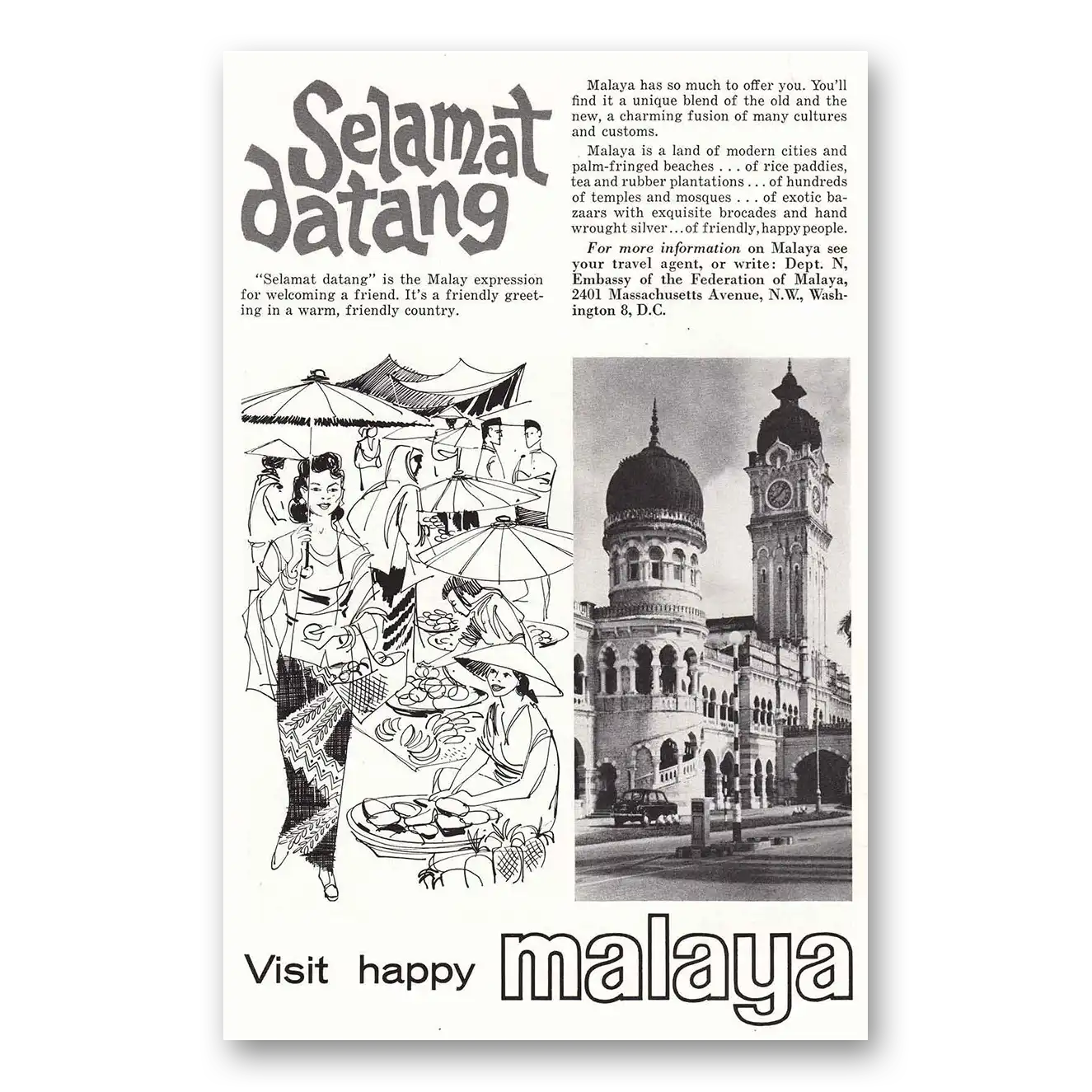 1963 Malaya Selamat Datang Vintage Magazine Print Ad