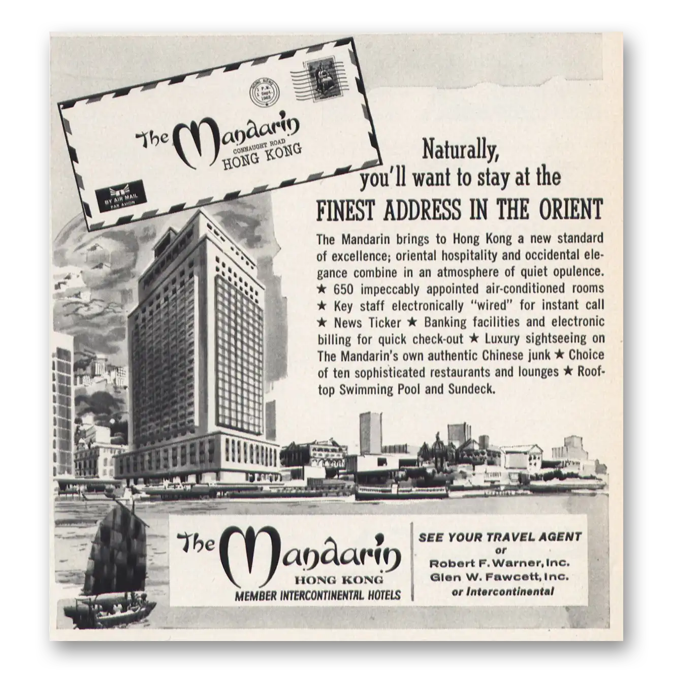 1963 Mandarin Hong Kong Hotel Finest Address Orient Vintage Magazine Print Ad