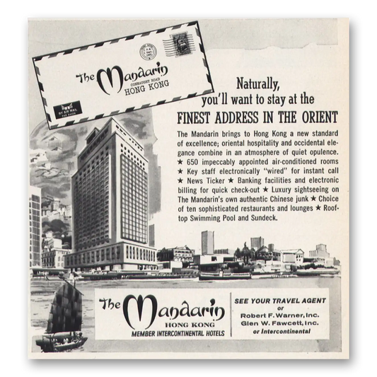 1963 Mandarin Hong Kong Hotel Finest Address Orient Vintage Magazine Print Ad