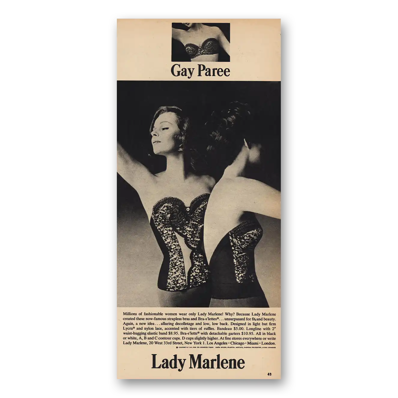 1963 Lady Marlene Brassiere Gay Paree Vintage Magazine Print Ad