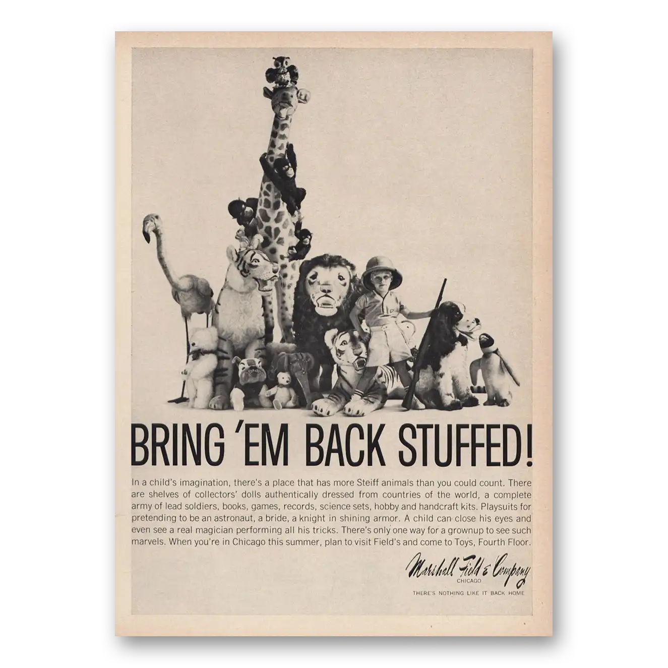 1963 Marshall Field Toy Center Bring Em Back Stuffed Steiff Vintage Magazine Print Ad