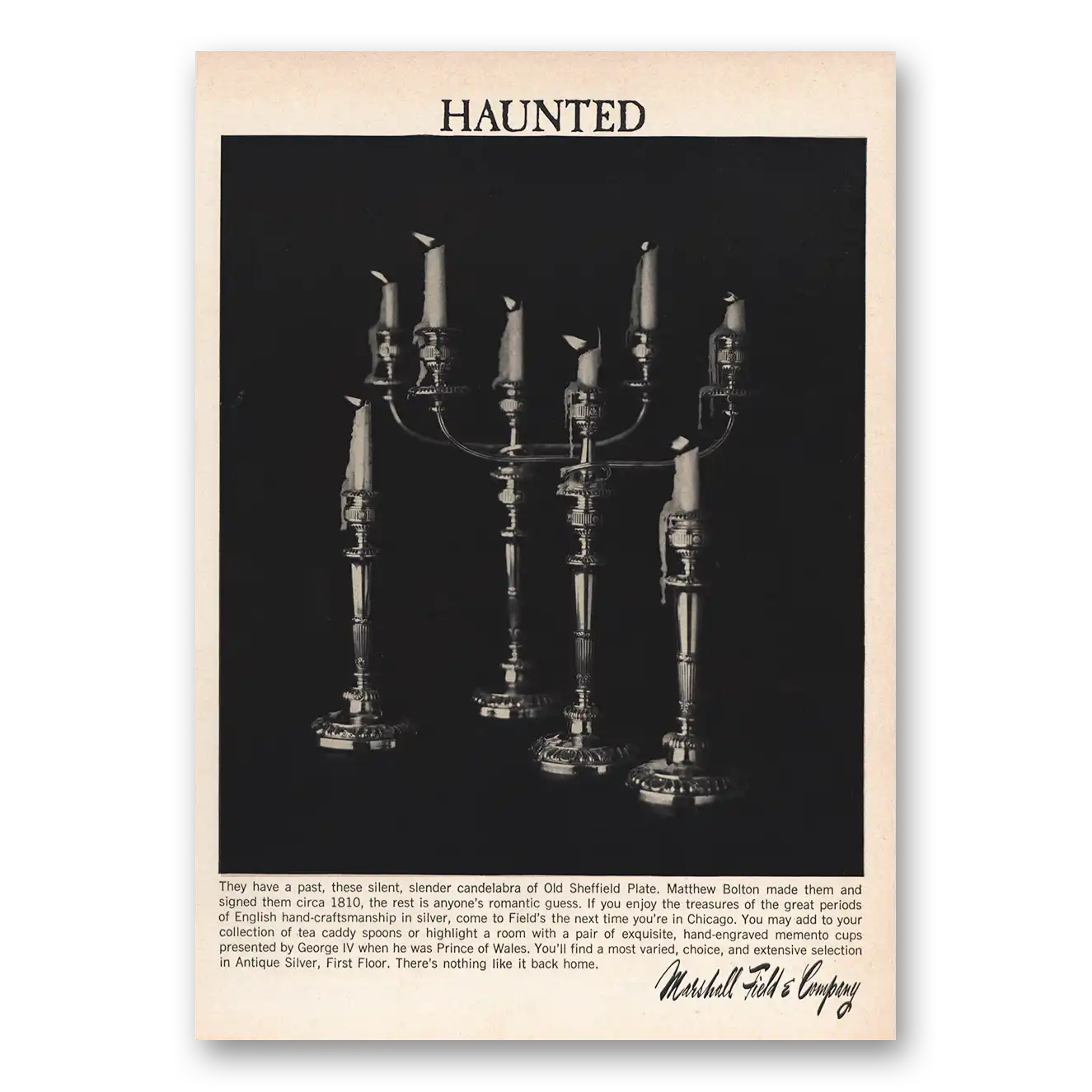 1963 Marshall Field Antique Silver Haunted They Have a Past Vintage Magazine Print Ad