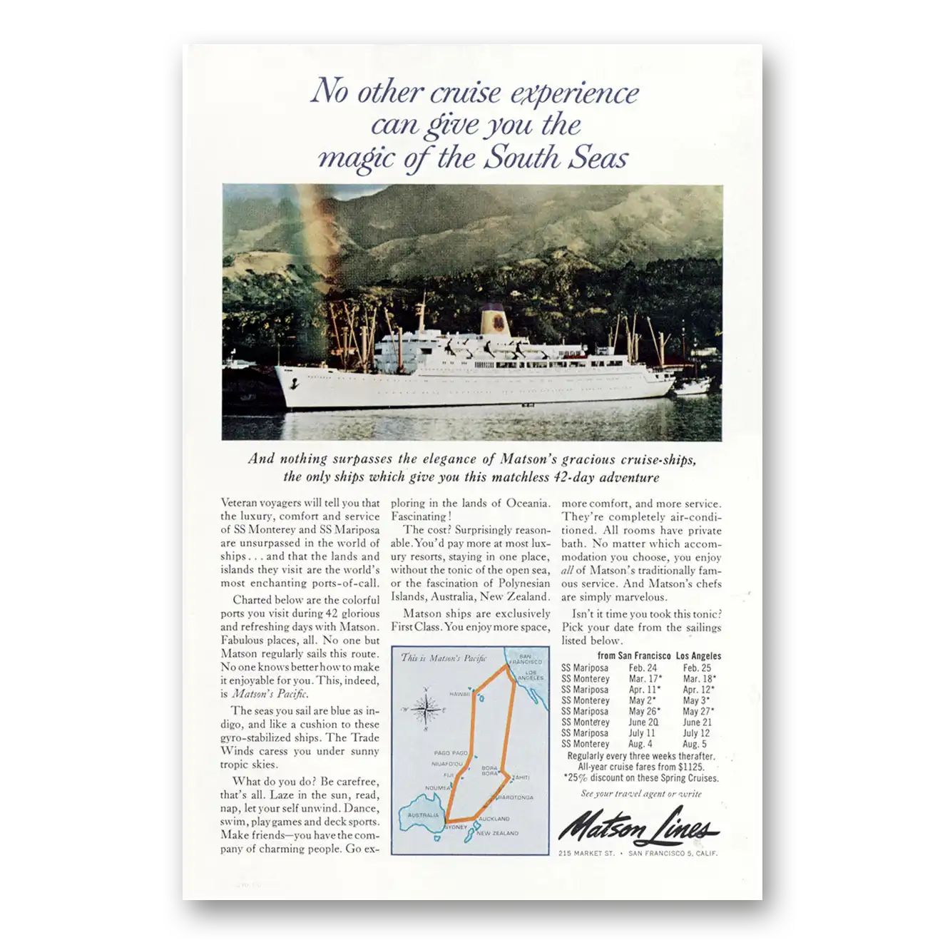 1963 Matson Line No Other Cruise Experience Vintage Magazine Print Ad