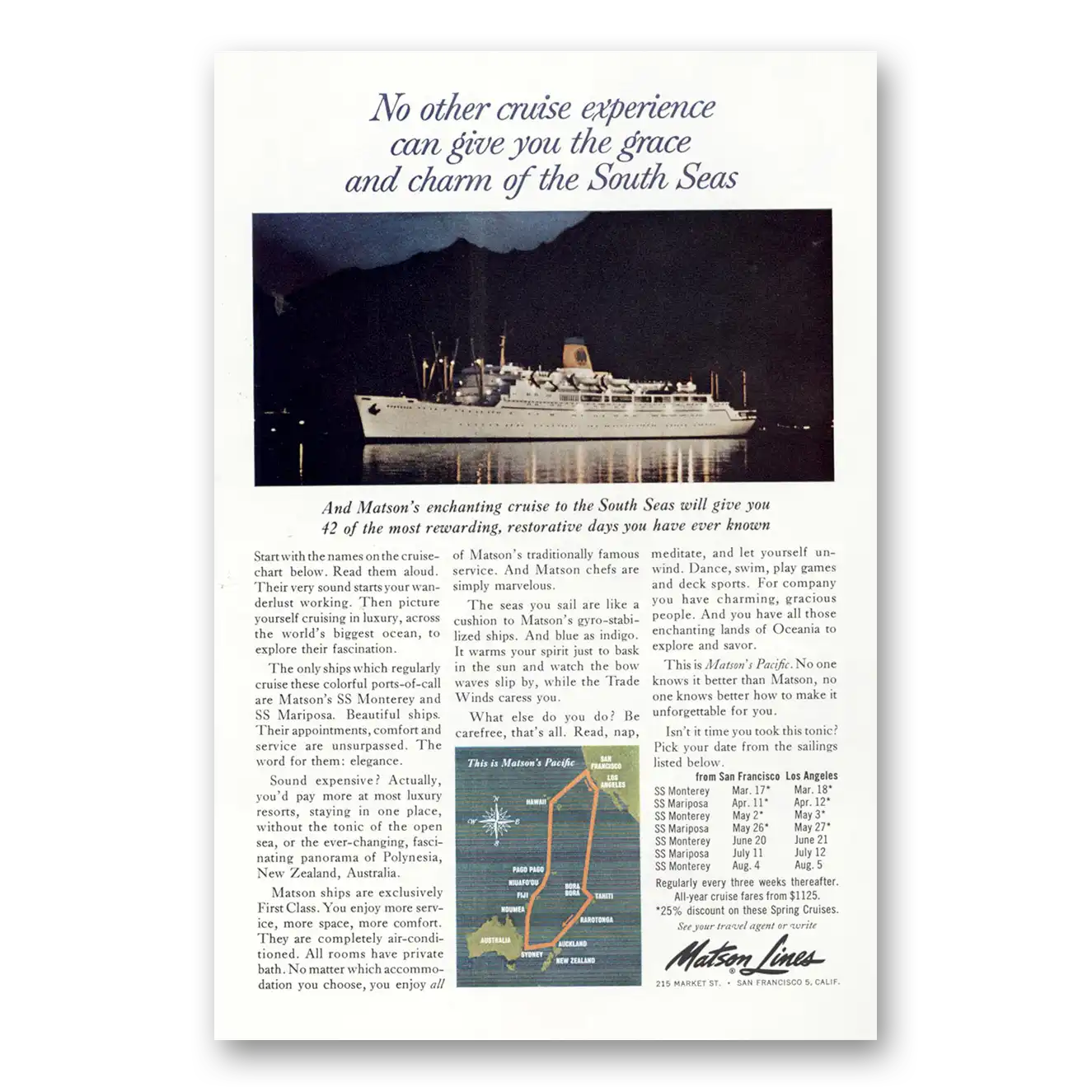 1963 Matson Line Charm of the South Seas Vintage Magazine Print Ad