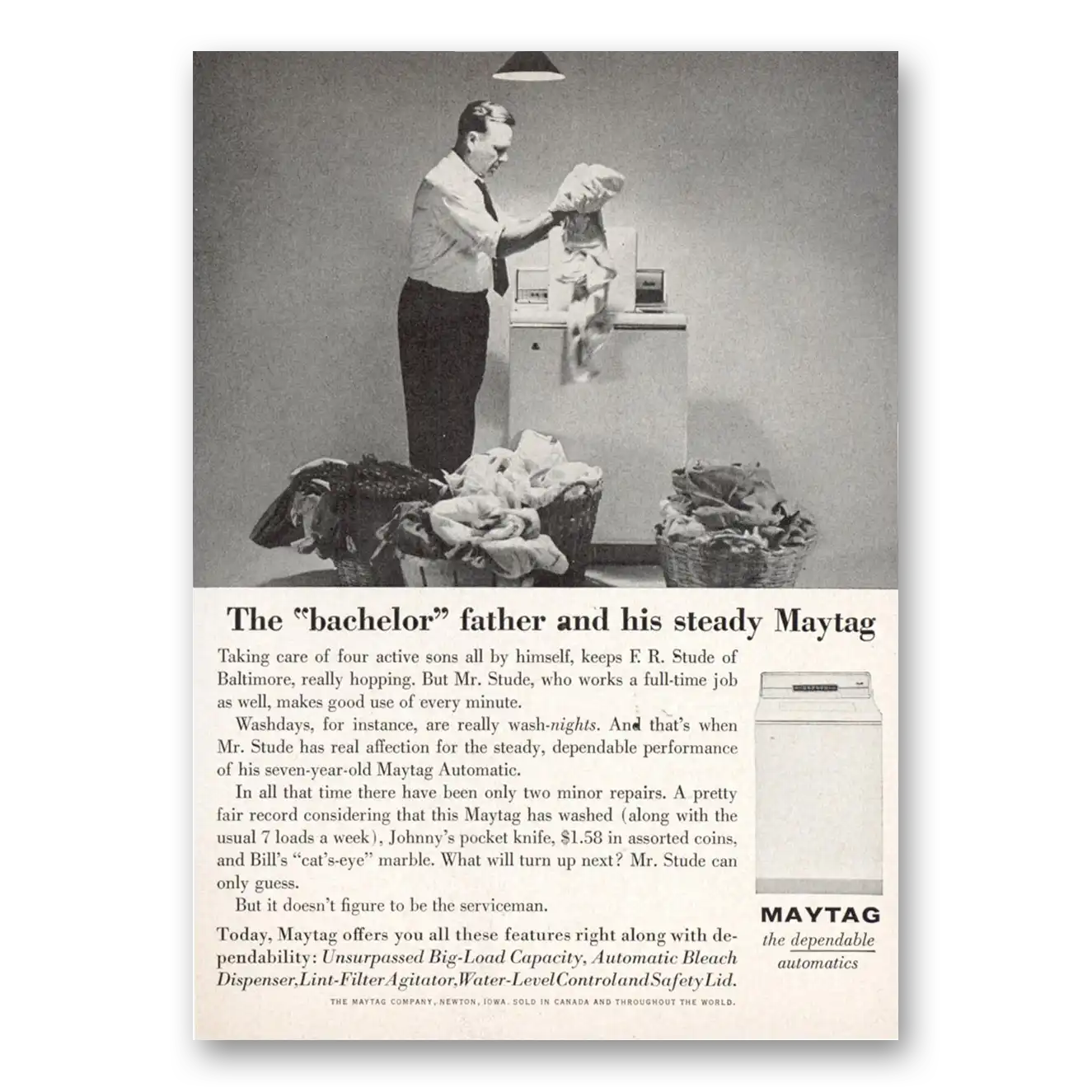 1963 Maytag Washer Bachelor Father and His Steady Vintage Magazine Print Ad