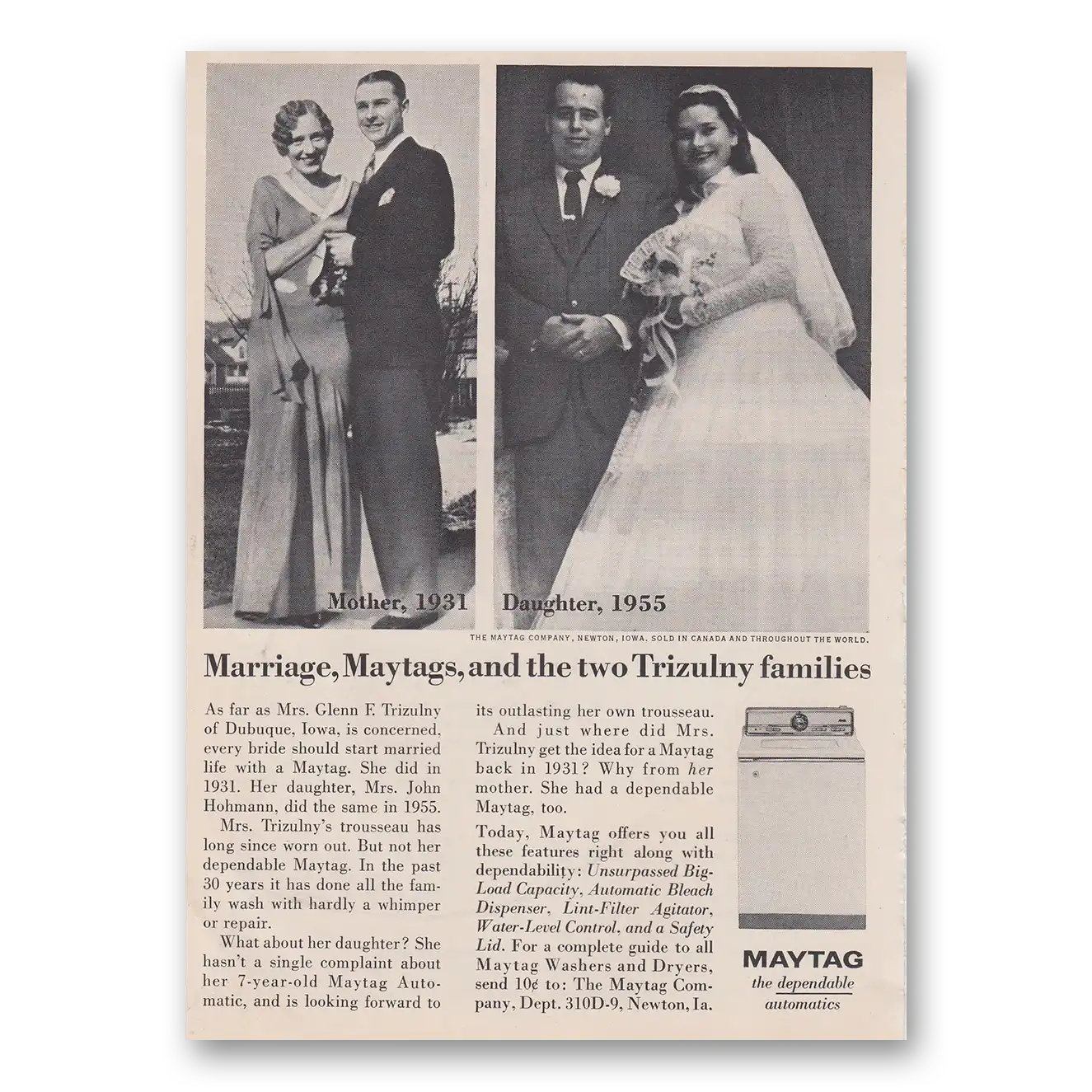 1963 Maytag Washer Marriage Maytags and the Two Trizulny Families Vintage Magazine Print Ad