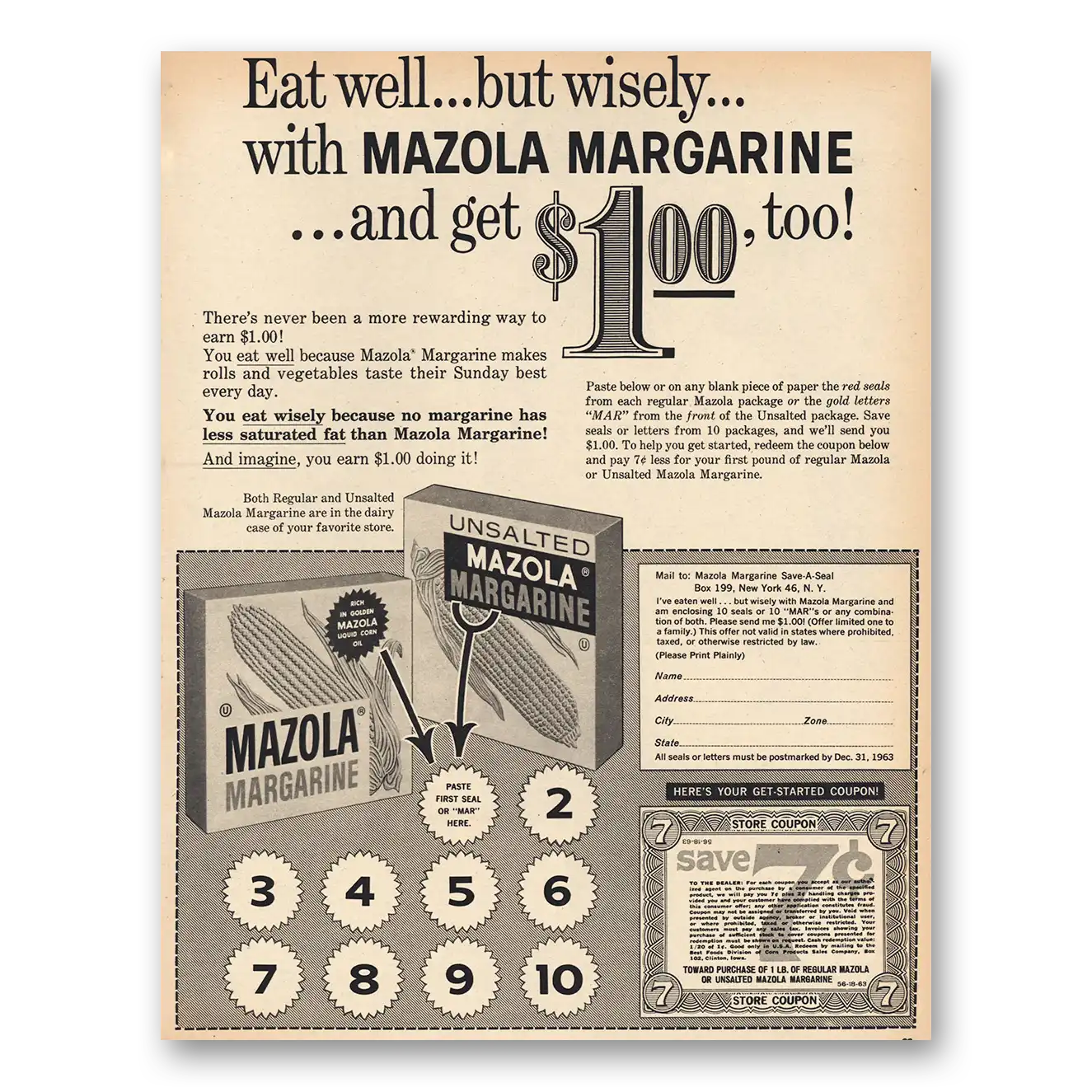 1963 Mazola Margarine Eat Well But Wisely Coupon Vintage Magazine Print Ad