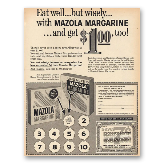 1963 Mazola Margarine Eat Well But Wisely Coupon Vintage Magazine Print Ad