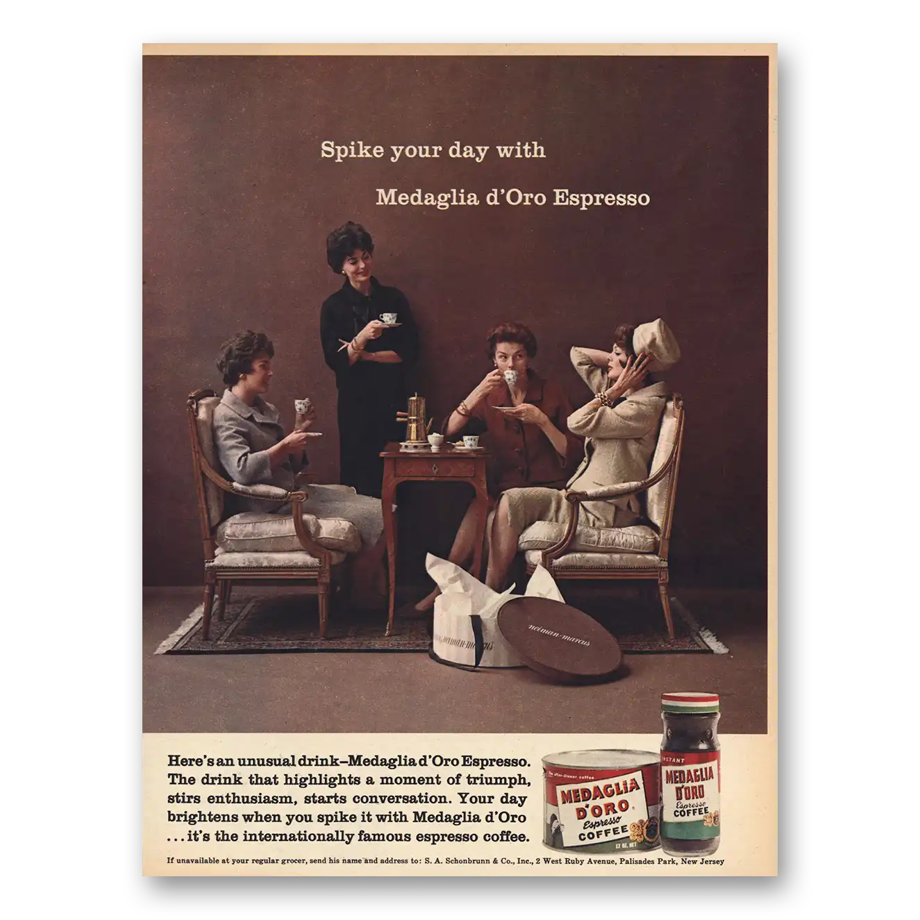 1963 Medaglia D Oro Coffee Spike Your Day Vintage Magazine Print Ad