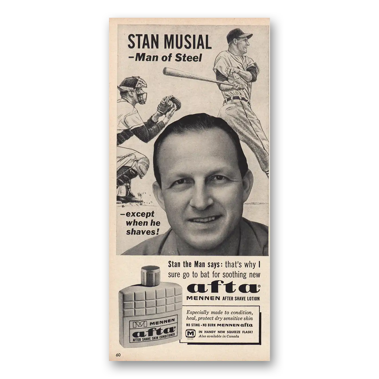 1963 Afta After Shave Stan Musial Man of Steel Vintage Magazine Print Ad