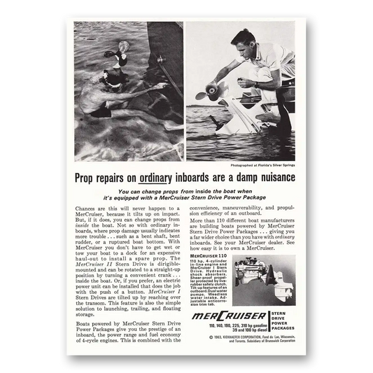 1963 MerCruiser Stern Drive Prop Repairs Ordinary Inboards Damp Nuisance Vintage Magazine Print Ad