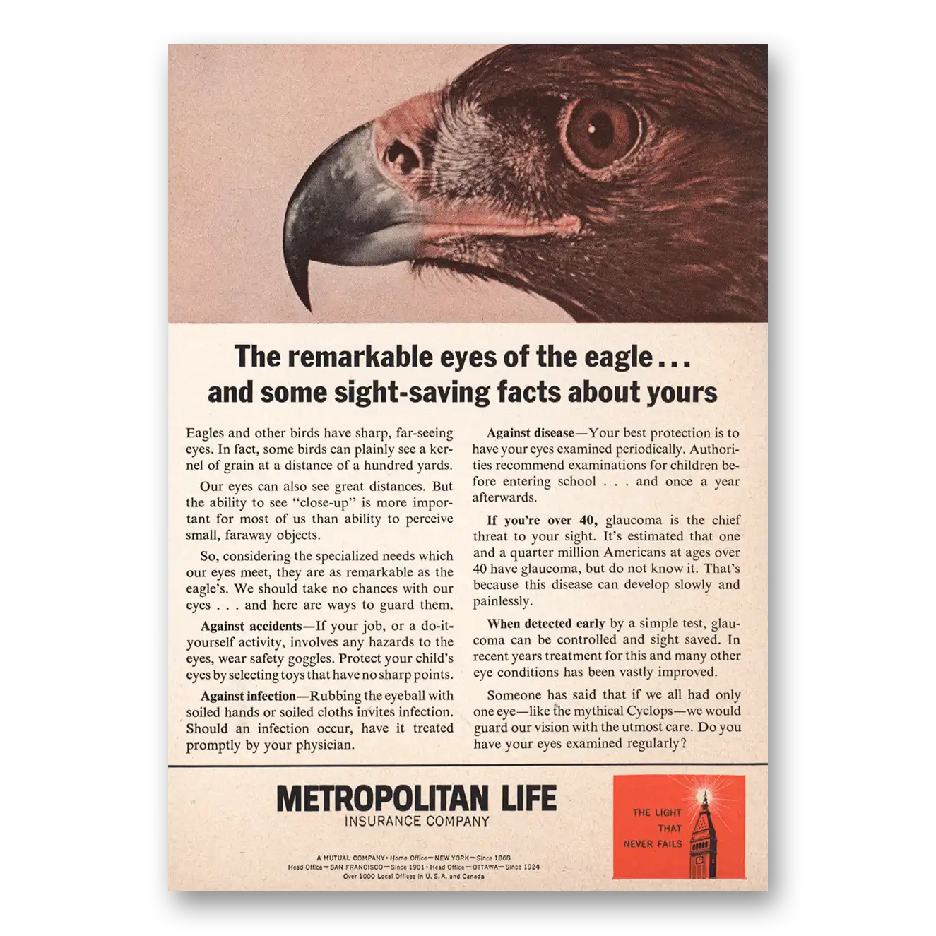 1963 Metropolitan Life Insurance Remarkable Eyes of the Eagle Vintage Magazine Print Ad