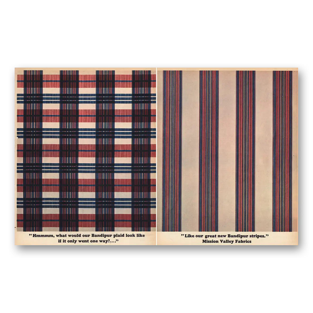 1963 Mission Valley Fabrics Bandipur Plaid Look Like Vintage Magazine Print Ad