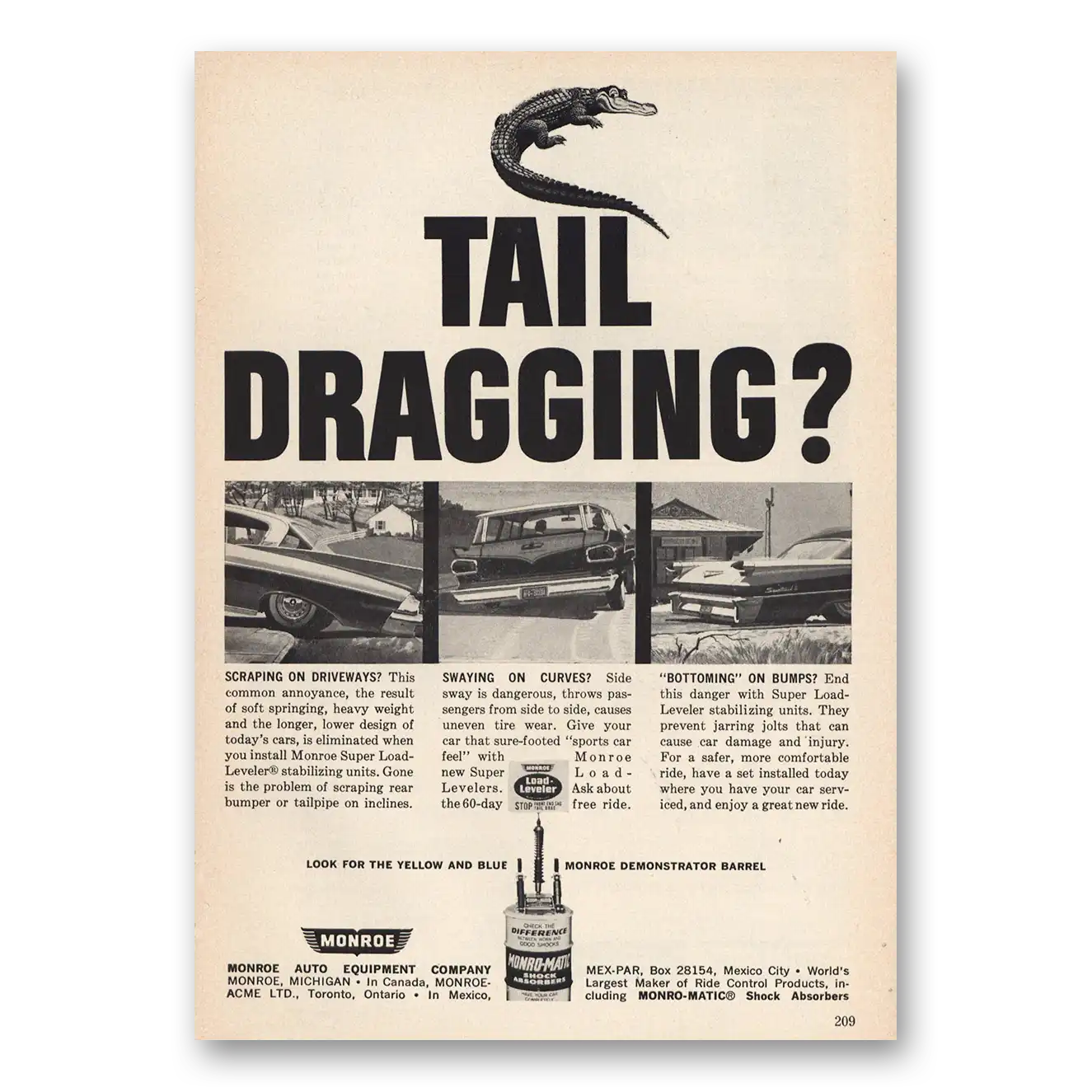 1963 Monroe Auto Equipment Tail Dragging Vintage Magazine Print Ad