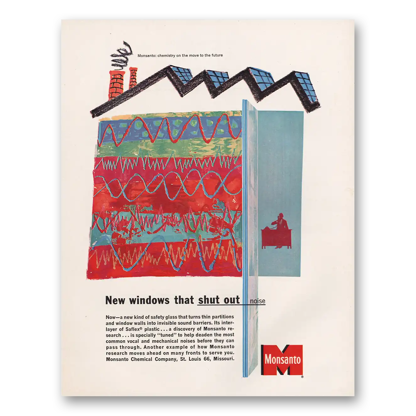 1963 Monsanto New Windows That Shut Out Noise Vintage Magazine Print Ad