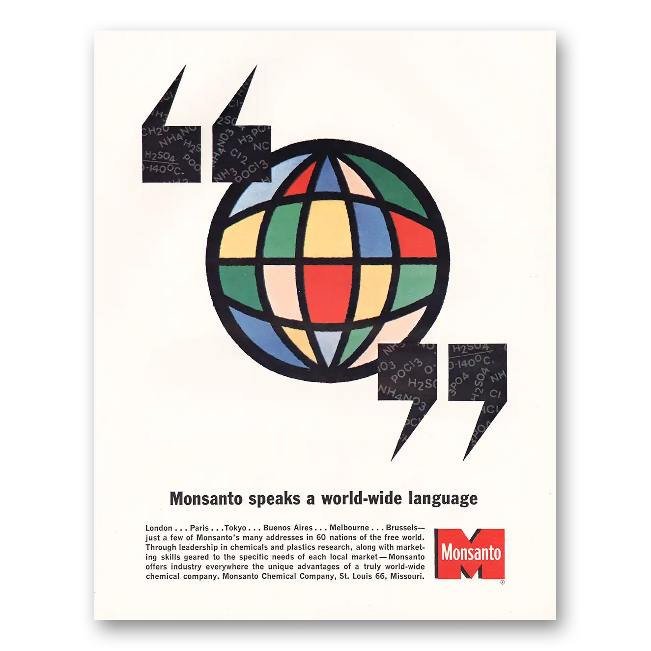 1963 Monsanto Speaks a World Wide Language Vintage Magazine Print Ad