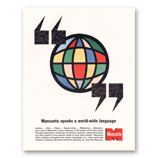 1963 Monsanto Speaks a World Wide Language Vintage Magazine Print Ad