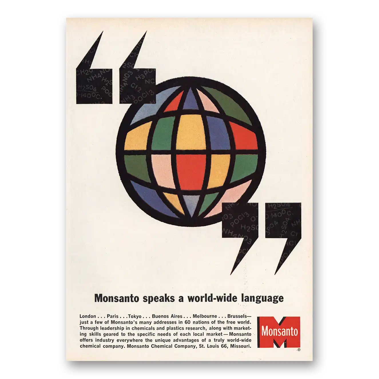 1963 Monsanto Speaks a World Wide Language Vintage Magazine Print Ad