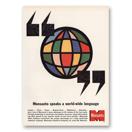 1963 Monsanto Speaks a World Wide Language Vintage Magazine Print Ad