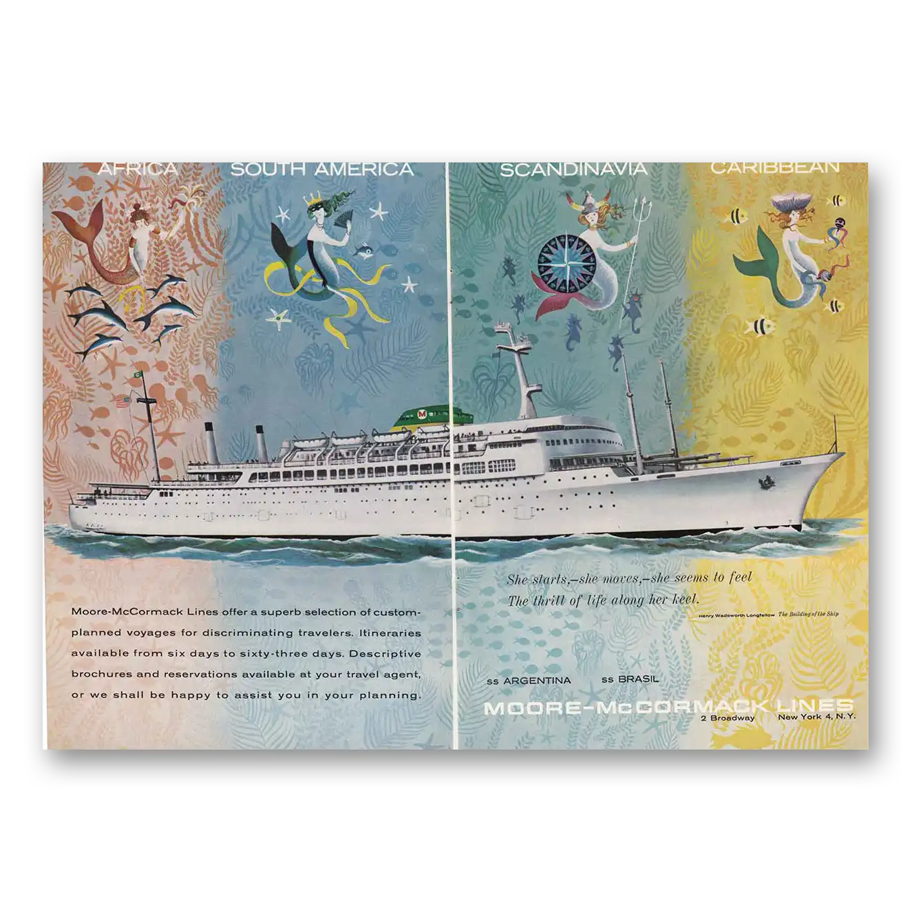 1963 Moore McCormack Lines Custom Planned Voyages Vintage Magazine Print Ad