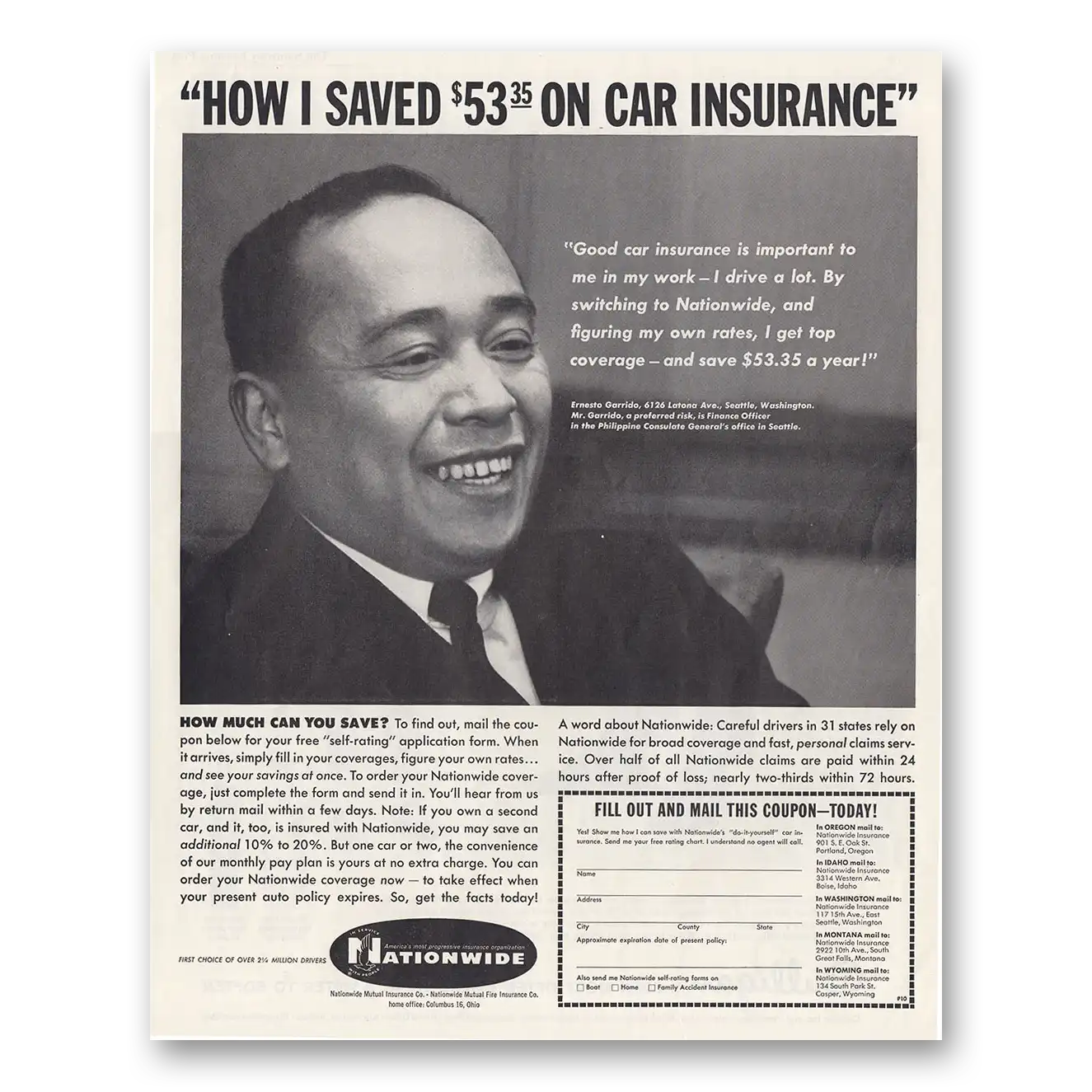 1963 Nationwide Insurance Ernesto Garrido Vintage Magazine Print Ad