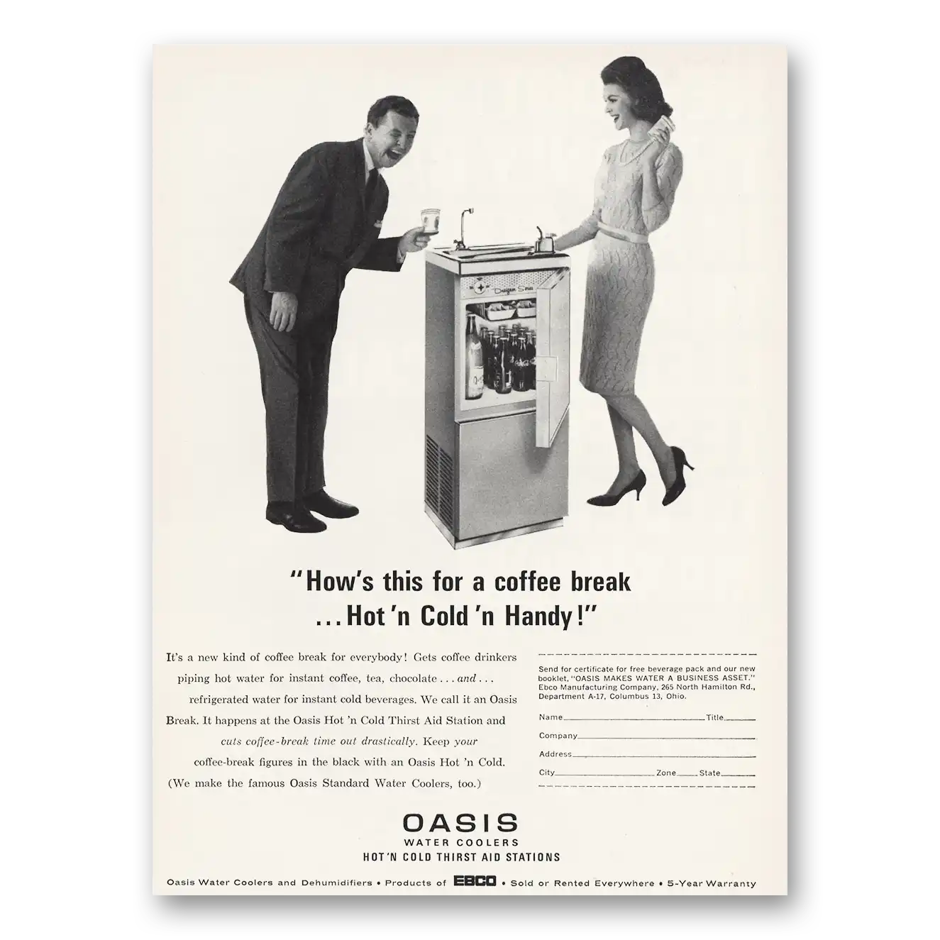 1963 Oasis Water Cooler Hows This For Coffee Break Vintage Magazine Print Ad